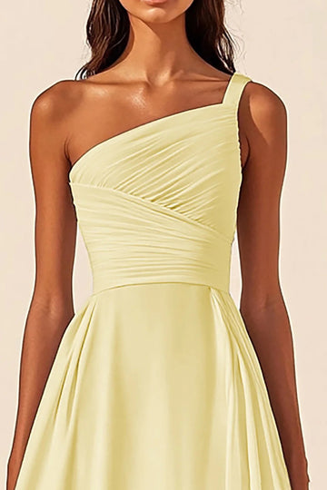 Daffodil Chiffon One Shoulder A Line Midi Graduation Dress with Slit